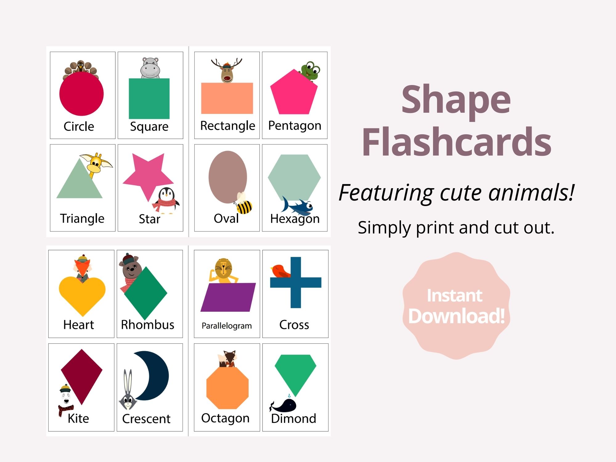 Shape flashcards featuring cute animals