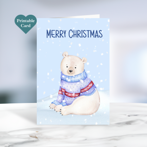 Printable Christmas card. Polar bear.