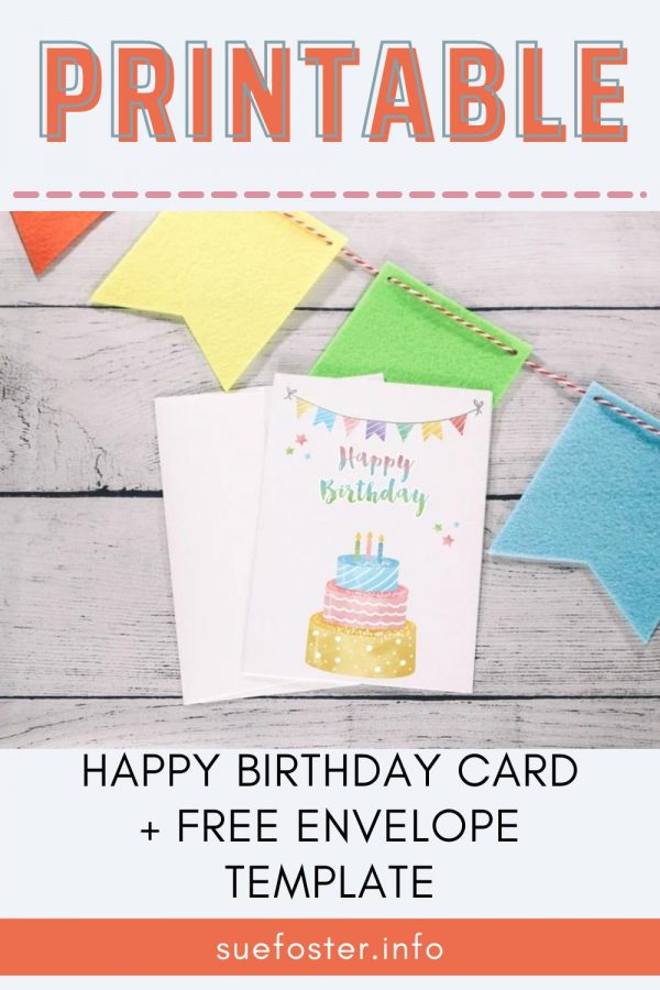 Printable Happy Birthday Cake Greeting Card with Free Envelope Template. 5 x 7 Inches.