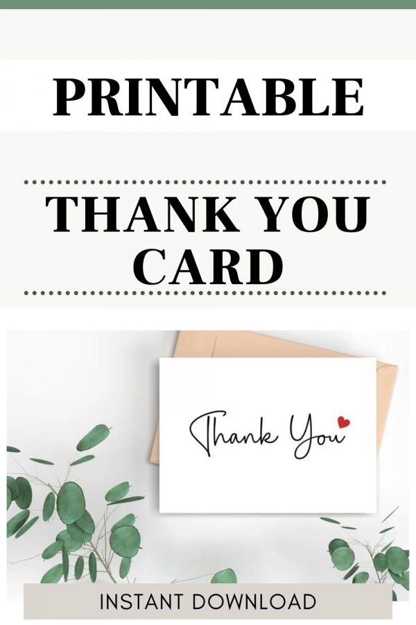 Printable Thank You Card With Heart. Free Envelope Template. 5 x 7 Inches. Instant Download.