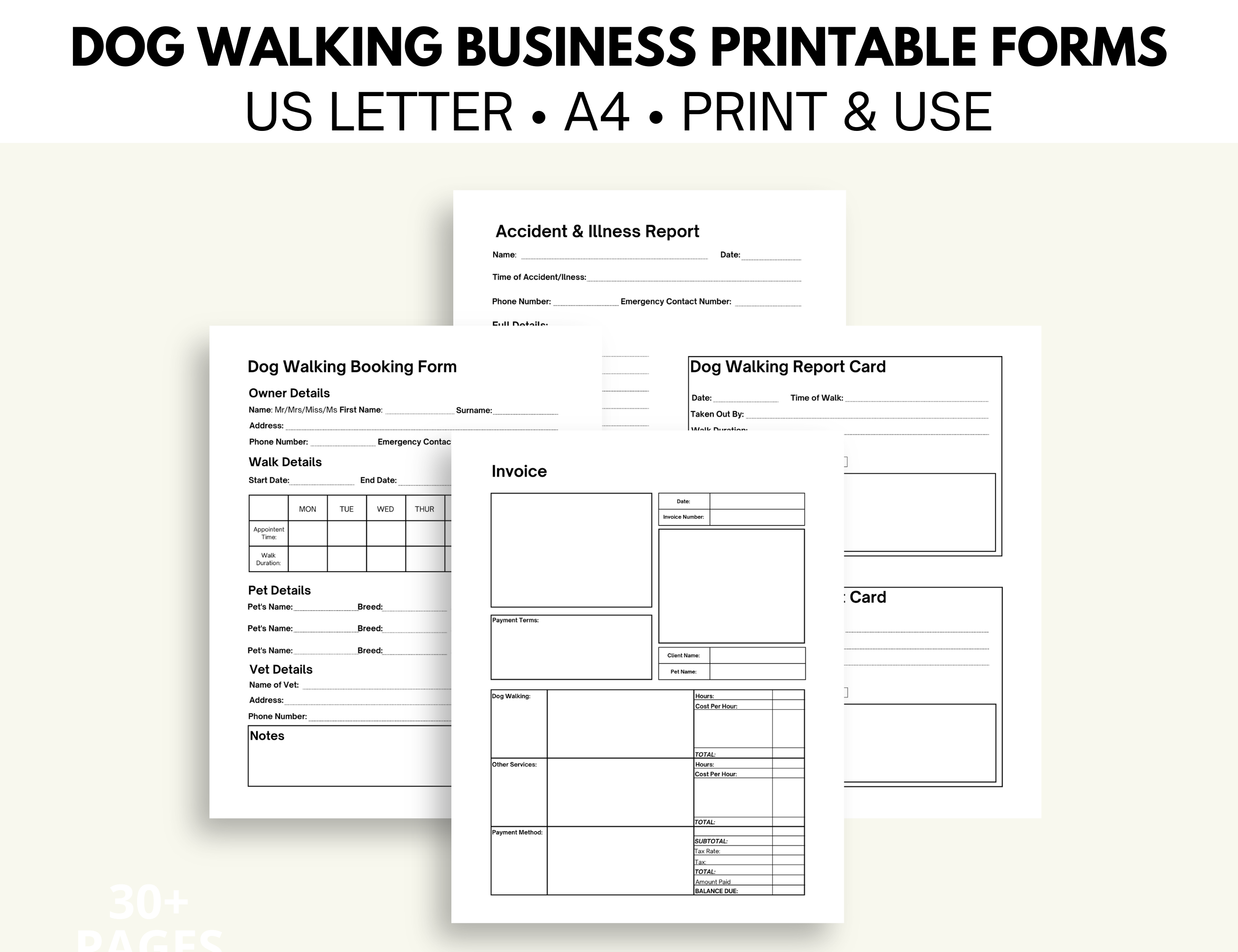 Printable dog walking business forms.