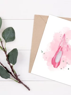 Printable Ballet Shoes Greeting Card With Free Envelope Template. 5 x 7 Inches. Instant Download.