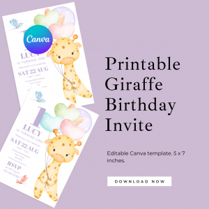 Printable safari giraffe birthday invite. Edit in Canva.