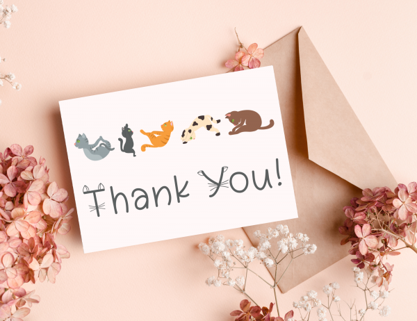 Printable Thank You Card with Envelope Template. Yoga Cats. 5 x 7 Inches.