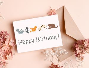 Printable Happy Birthday Card with Envelope Template. Yoga Cats.