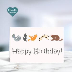 Printable Happy Birthday Yoga Cats Card.