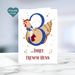 Printable three French e hens Christmas card.