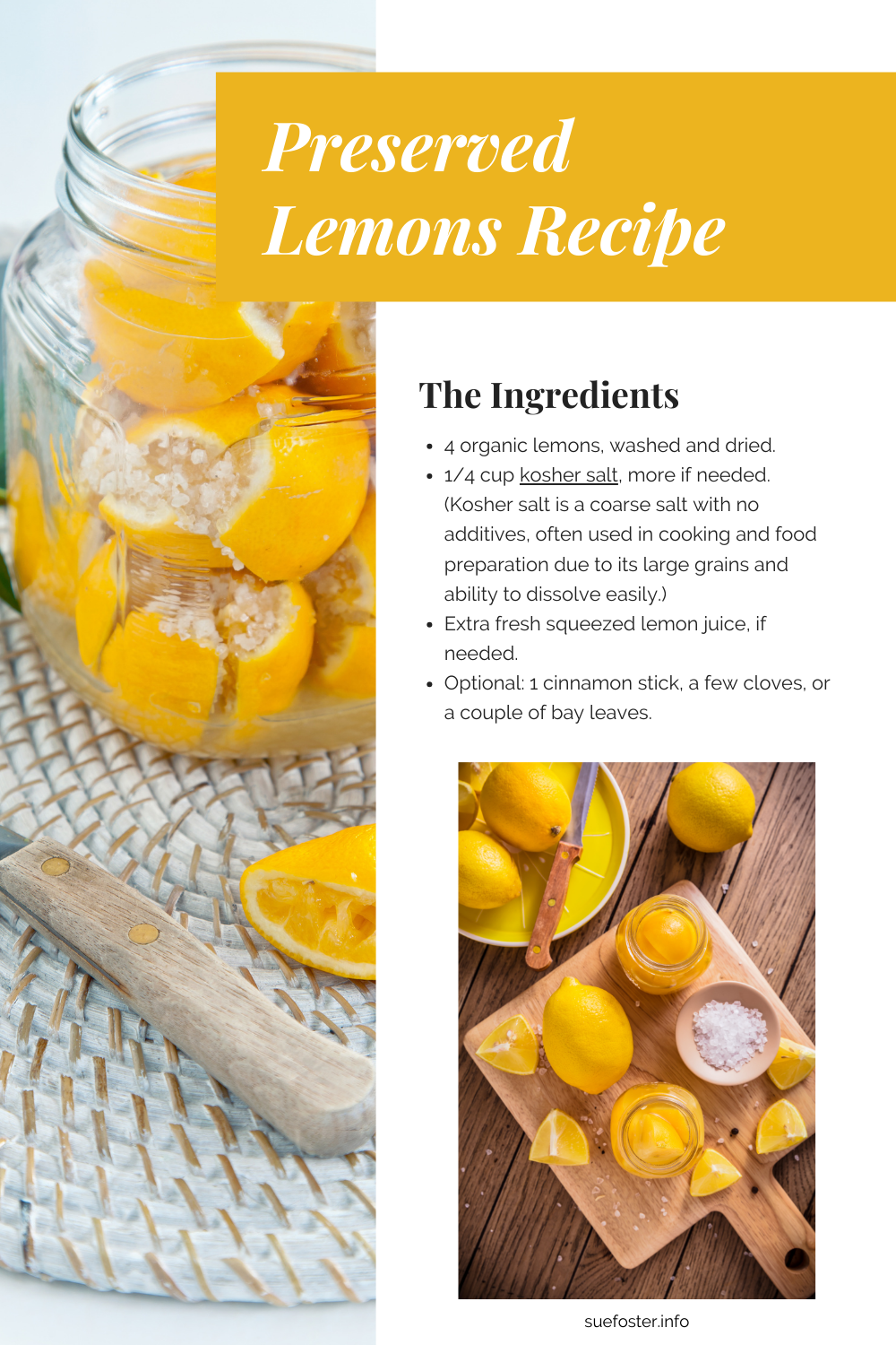 Easy-to-make preserved lemons recipe with organic lemons, kosher salt, and optional spices.